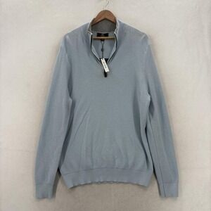 Magaschoni Sweater Mens Large Blue 100% Cotton Mock Neck 1/4 Zip Waffle Knit